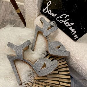 Sam Edelman ⛓️ Woven Shimmer Stiletto Sandal Buckle High Heel Open Toe Pumps